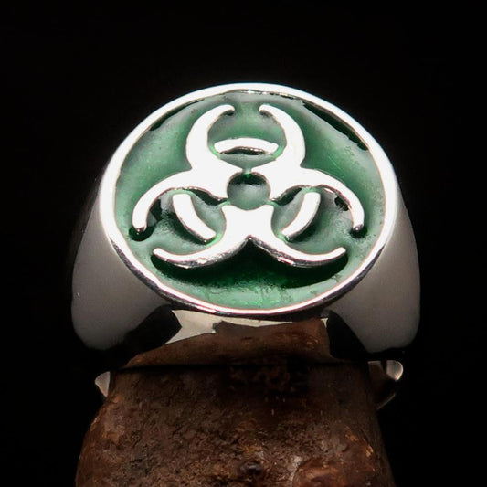 Nicely crafted Men's Biohazard Ring green Toxic Waste Symbol - Sterling Silver-1
