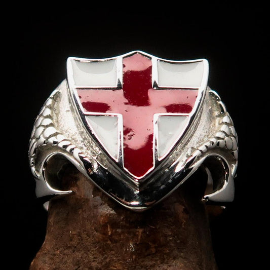 Men's Sterling Silver Shield Ring Flag of England Red Cross on White-1