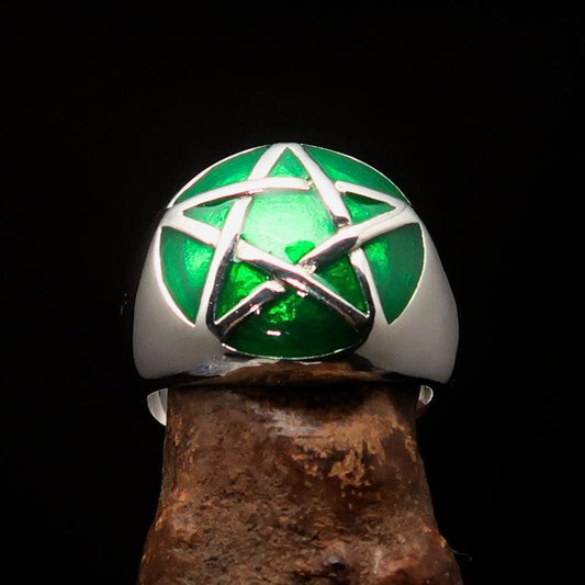Excellent crafted Men's Pinky Ring domed Green Pentagram - Sterling Silver-1