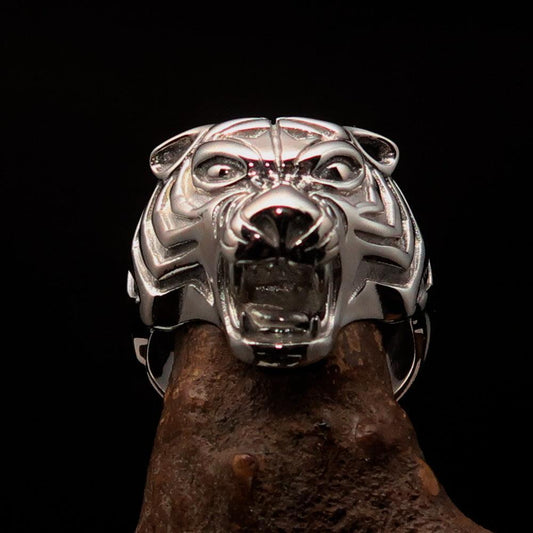 Excellent crafted Men's Animal Ring Male Tiger - shiny Sterling Silver-1