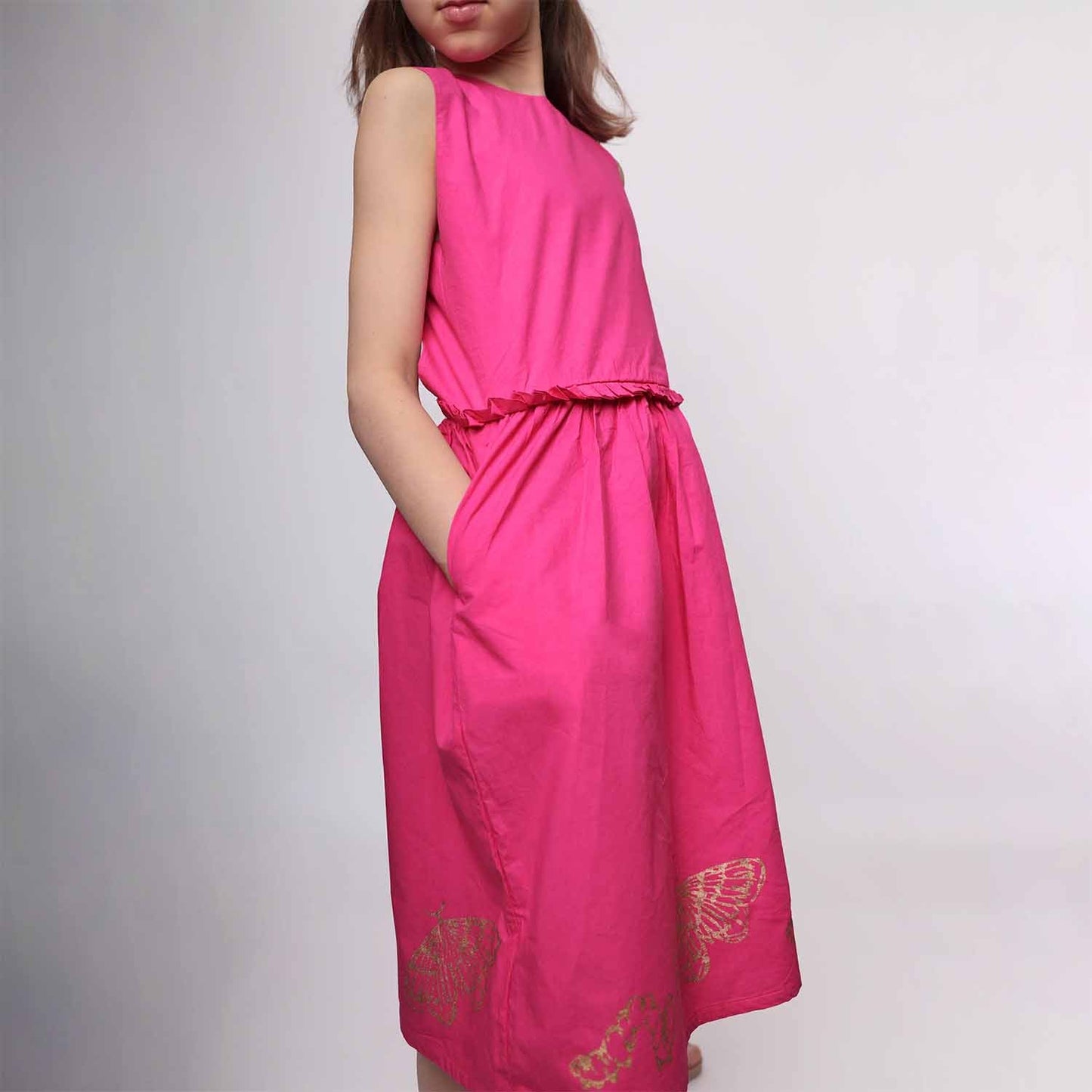 Pink Flower Girl Dress with Golden Hand Block Print-4