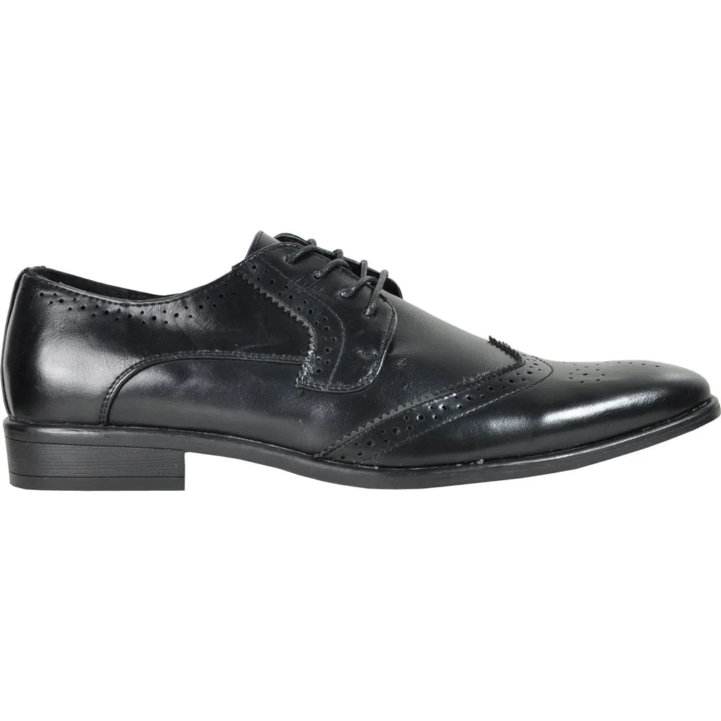 Black faux leather wingtip oxford with a lace-up front.