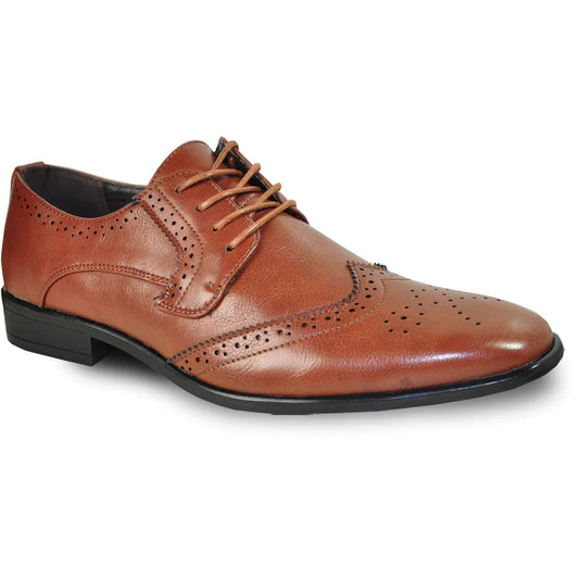 Men's wingtip Oxford dress shoe by Tux-USA in faux leather, featuring classic brown wingtip design and detailed perforations.