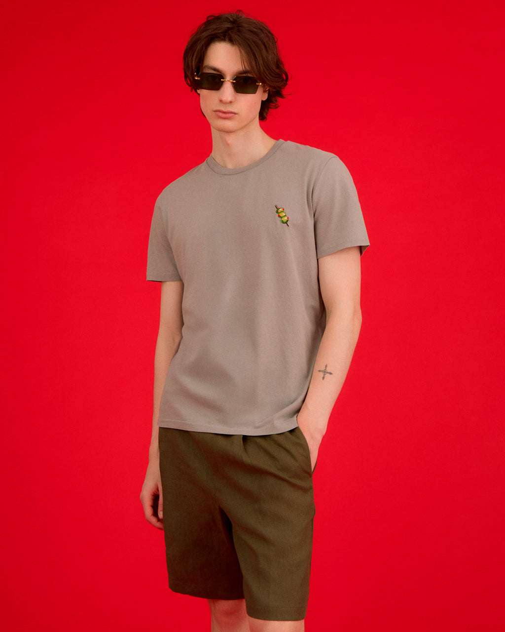 Olives Embroidered Organic Cotton T-Shirt Grey-2