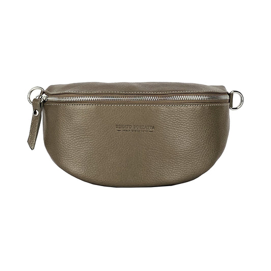 RB1015AQ | Fanny pack with removable shoulder strap in Genuine Leather Made in Italy. Polished Nickel metal snap hook attachments - Taupe color - Dimensions: 24 x 14 x 7-1