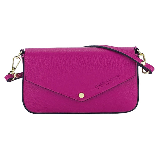 RB1023BE | Small Shoulder Bag with Removable Chain Strap in Genuine Leather Made in Italy. Flap Closure. Shiny Gold metal hardware - Fuxia color - Dimensions: 22 x 12 x 3 cm.-1