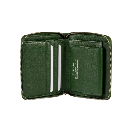 RB1086E | Women's Zip Around Wallet Made in Italy in Genuine Saffiano Leather. Polished Silver Metal Hardware. Green Color. Dimensions (closed): 10 x 12 x 2 cm-1