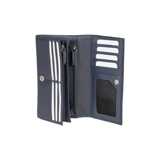 RB12129D | Women's wallet in genuine full grain leather, dollar/light grain. Blue color. RFID protection. Size when closed: 18.5 x 10 x 3 cm. Packaging: gift box bottom/cover-1