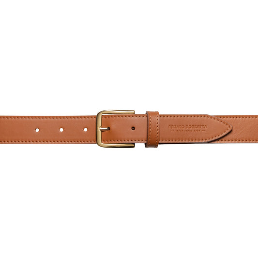 RB4020S | Women's Belt Made in Italy in Soft Genuine Sauvage Leather. Polished Gold-finish buckle. Cognac color. Dimensions: 115 x 3.0 x 0.5 cm (waistline 100 cm)-1