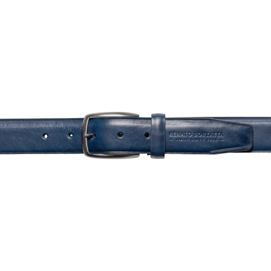 RB4025D | Men's Belt Made in Italy in Genuine Vegetable-Tanned Leather. Satin Gunmetal Buckle. Color: Blue. Dimensions: 125 x 3.5 x 0.5 cm (waistline 110 cm)-1