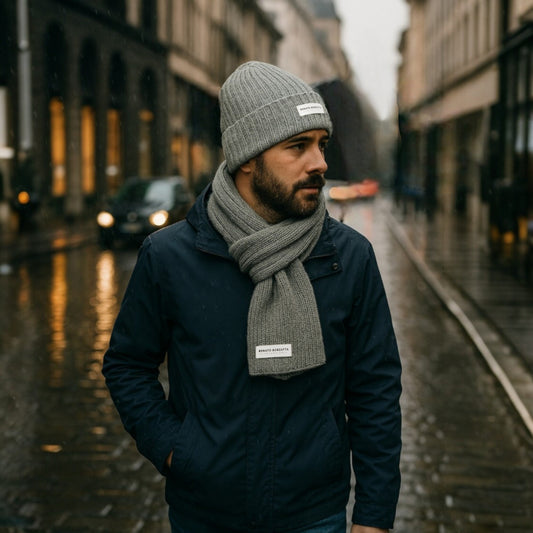 RB5004F | CERVINO Mixed Wool Knit Scarf and Cap Set Made in Italy. Color Grey Melange - One Size-1