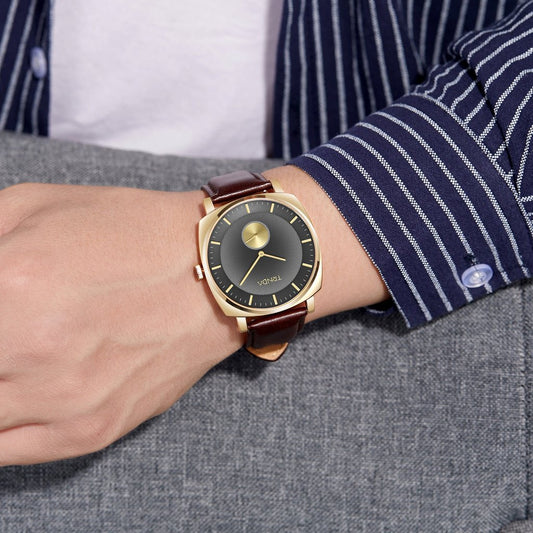 Trnda Men's Gold Stainless Steel Watch, Brown Leather | Trn-001-1