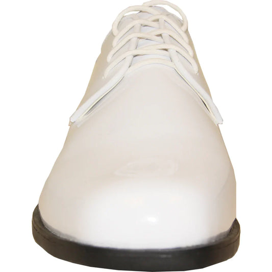 Men's black patent leather Oxford dress shoes by Tux-USA, polished and stylish formal men's shoes on a white background.