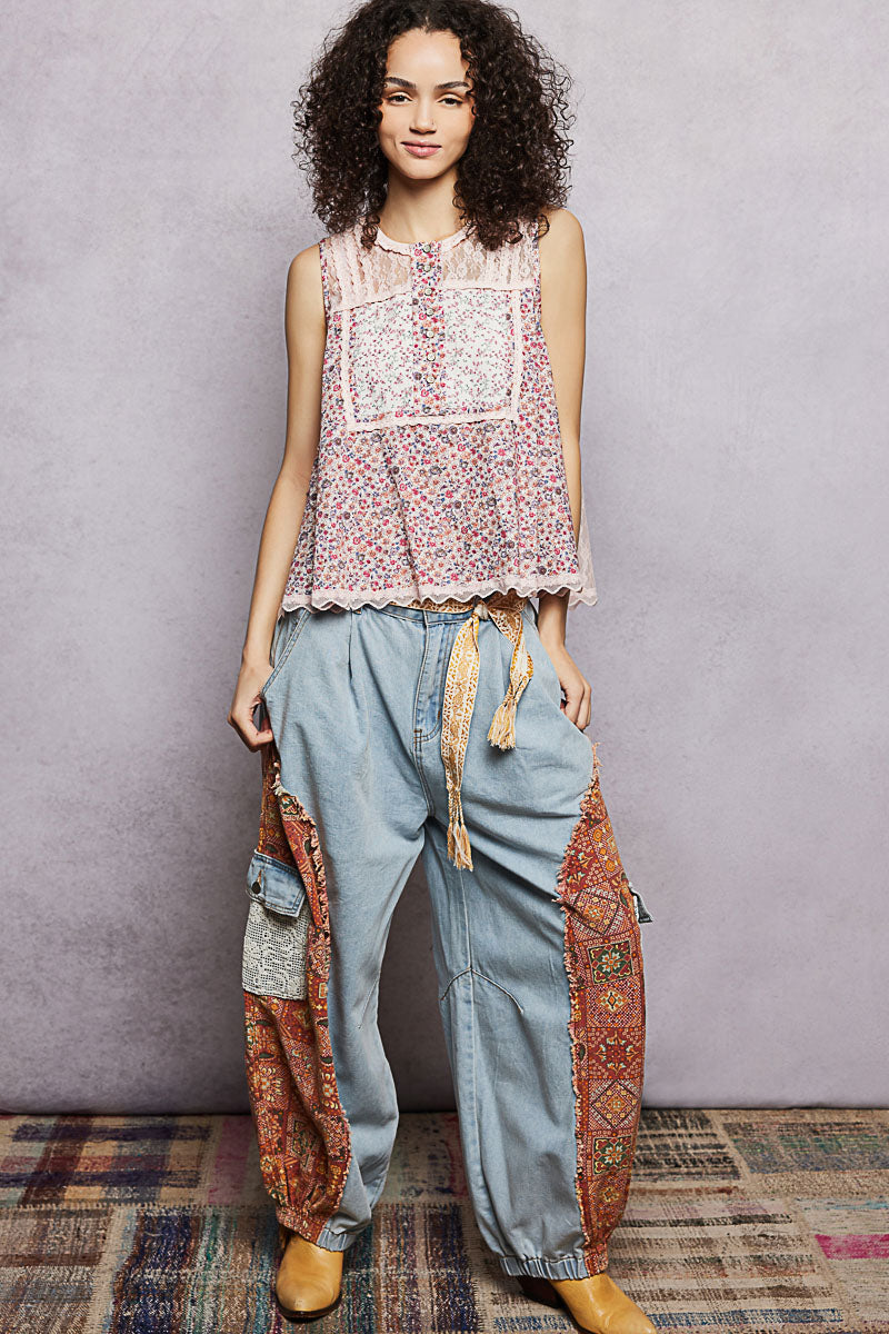 POL Printed Woven Lace Back Round Neck Sleeveless Top-4