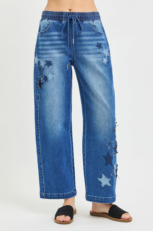 RISEN Elastic Band Slouchy Cropped Barrel with Star Patch-1