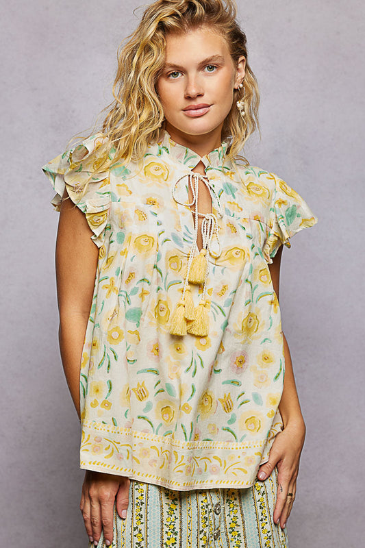 POL Tassel Tied Floral Flutter Sleeve Blouse-1