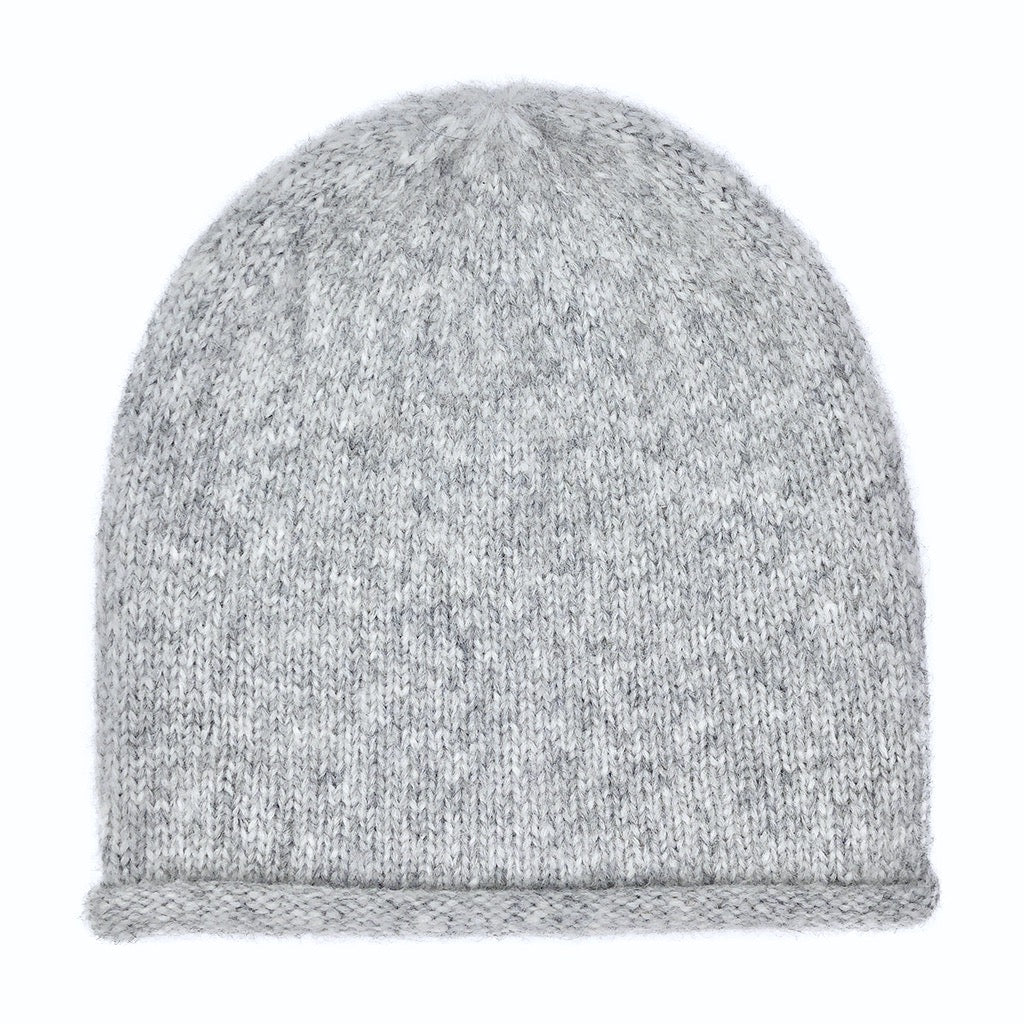 Heather gray beanie laid flat from the front, plain knit with a thin rolled edge