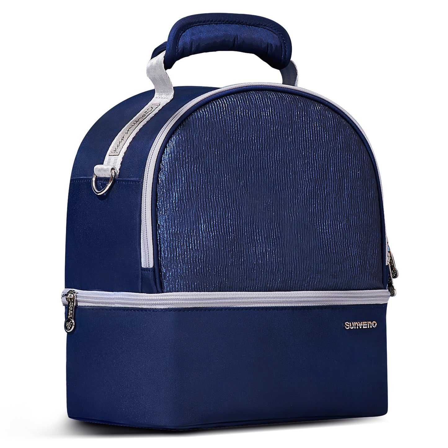 SUNVENO insulated cooler bag with dual compartments for breastmilk and meal storage, suitable for lunch and on-the-go use.