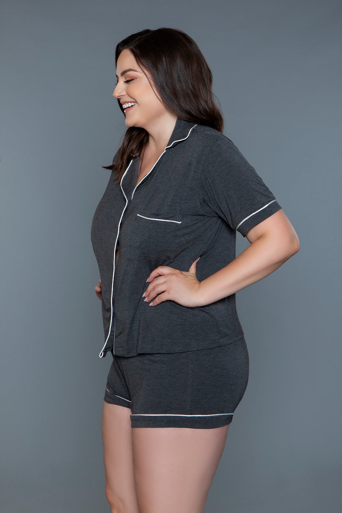 Charcoal knit pajama set, side view showing the button front and elastic waist shorts