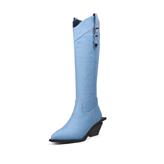 Belted Denim Knee-High Cowgirl Boots-1
