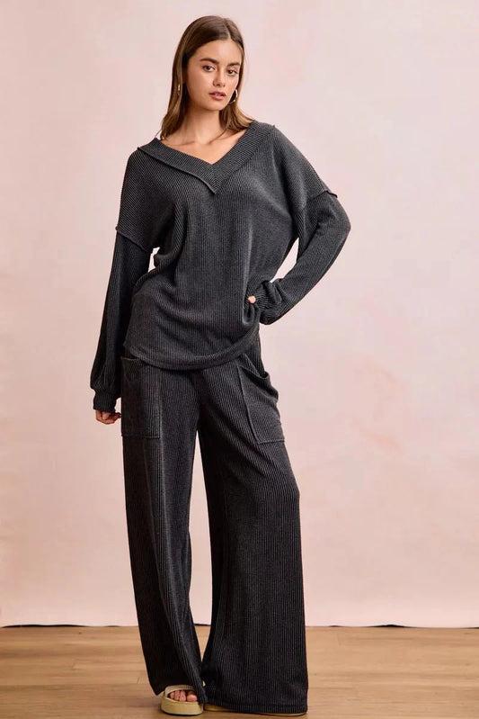 BiBi Two Tone Cord Rib Contrast Stitching V-Neck Top and Pants Set-1