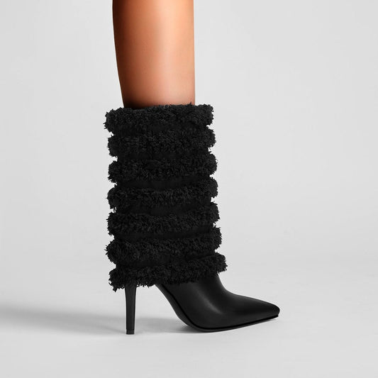 Black Leather Fur Coil Pointed Stiletto Boots-1
