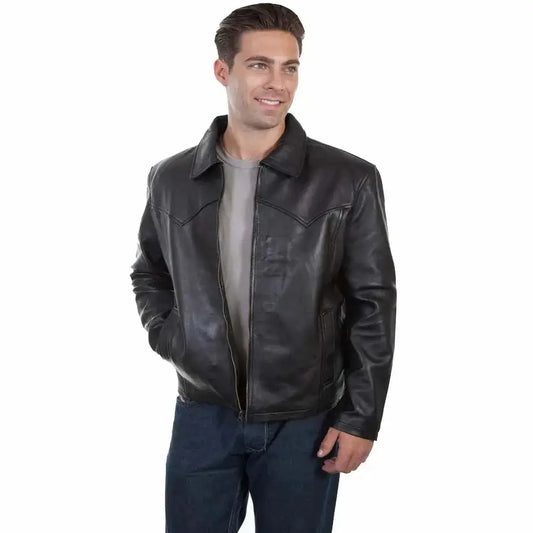 Men's Black Leather Jacket with Turn-Down Collar-1