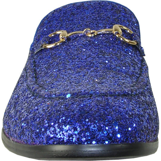 Blue glitter tuxedo loafer, men's slip-on footwear.