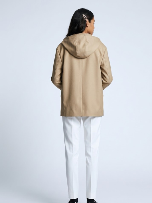 Camel brown hooded tailored blazer by BYMANYC New York, shown with the hood down.