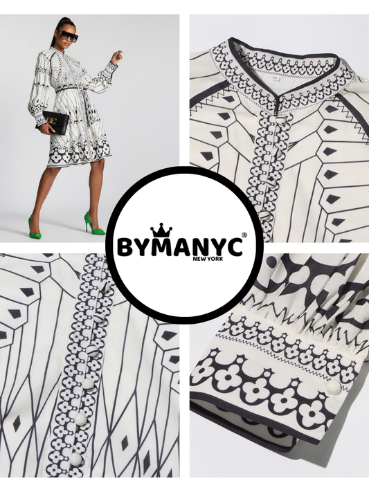 BYMANYC New York midi dress with a geometric butterfly print and puff sleeves.