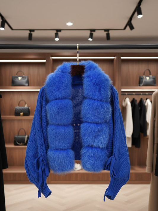Electric blue plush knit jacket by BYMANYC New York, shown on a model.
