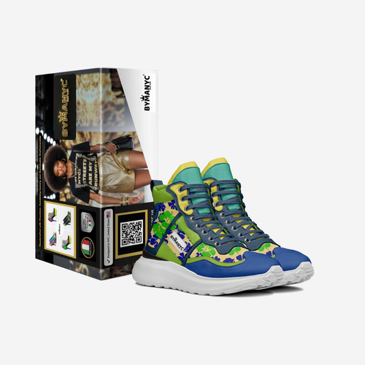 Unisex vegan high-top sneakers by BYMANYC New York, angled view showing the lacing.