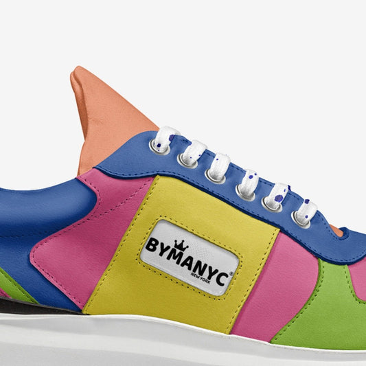Multicolor vegan sport sneaker by BYMANYC New York, angled view showing the blue lacing and white sole.