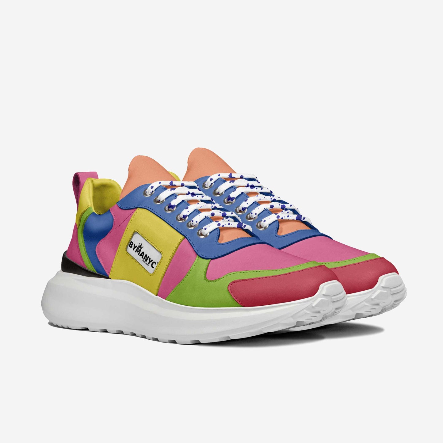 Top and sole view of the multicolor BYMANYC vegan sport sneaker showing the white treaded outsole.