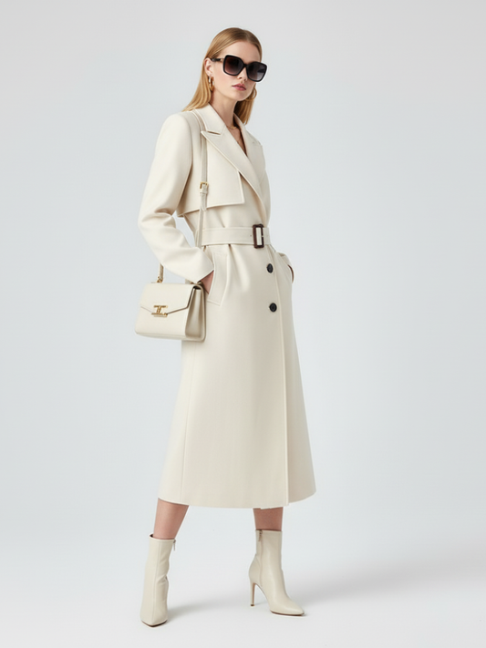 Cream maxi trench coat by BYMANYC New York with a wide lapel and a belted waist.