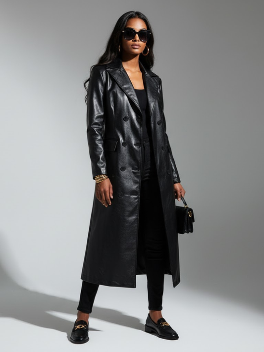 Women’s black vegan leather maxi trench coat by BYMANYC New York, shown hanging with belt and long sleeves.