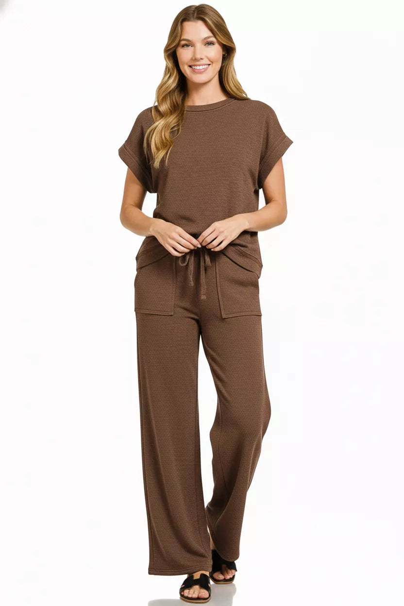Zenana Cotton Slub Short Sleeve Tee and Pants Set-2