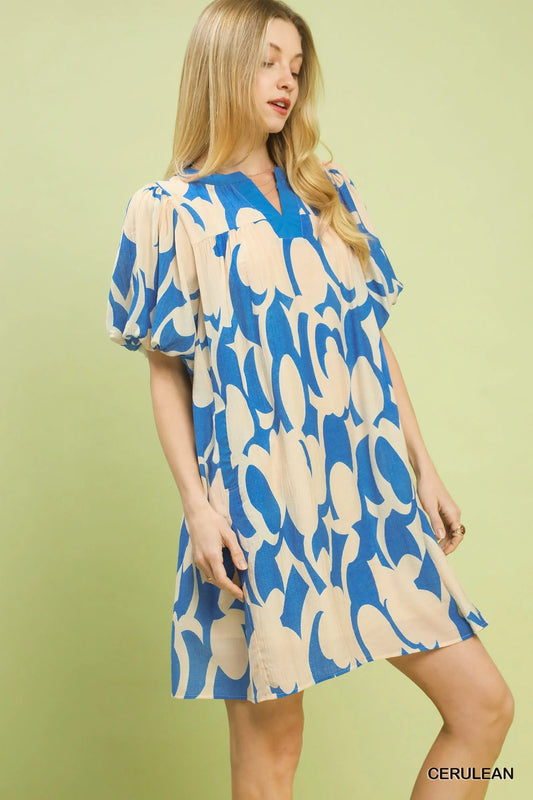 Umgee Abstract Print Puff Sleeve Shift Dress-1