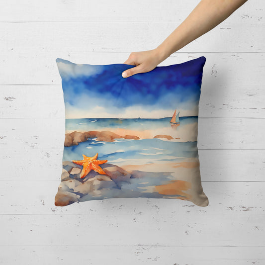 The Starfish and sailboats artwork pillow held against white boards, which shows its depth and how fully the insert sits.
