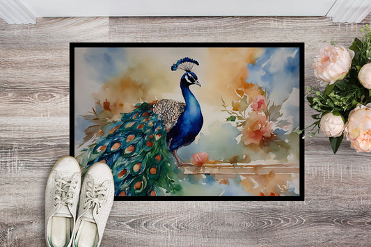The 18 by 27 inch Watercolor peacock artwork doormat seen from above on pale wood boards, a pair of shoes at its edge for scale.