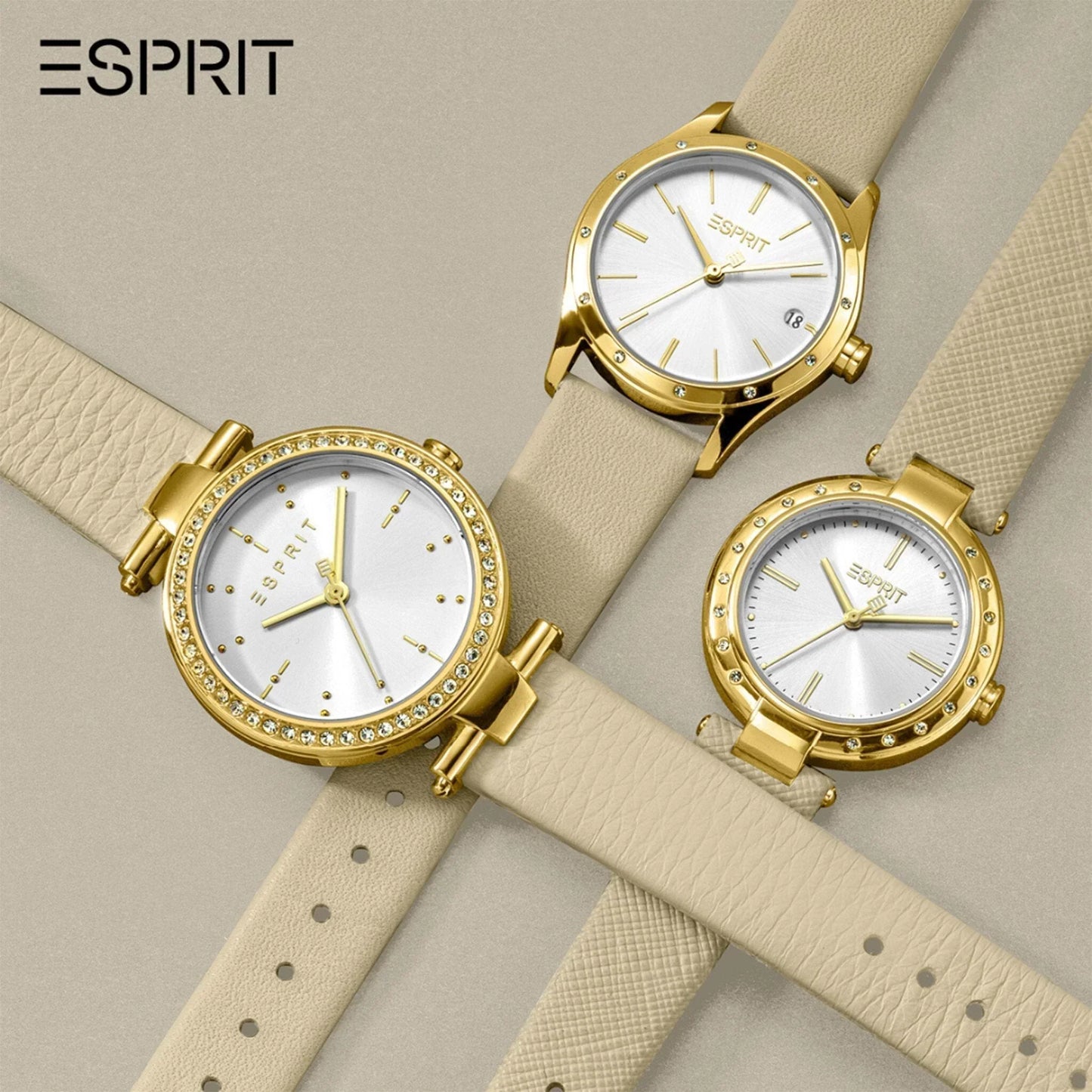 Esprit Women's Beige Leather Watch, Silver Dial | Es1l084m0015-4
