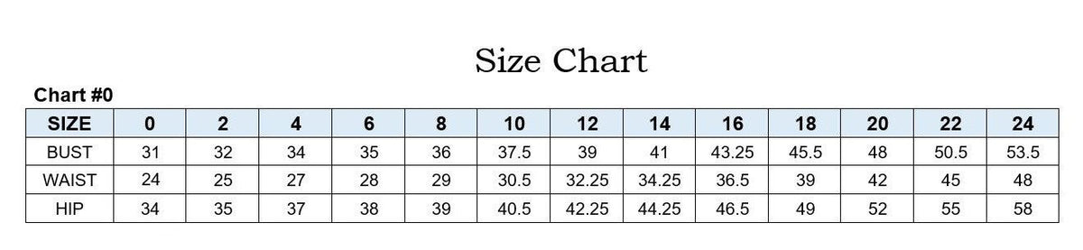 Size chart image supplied by the maker for this gown.