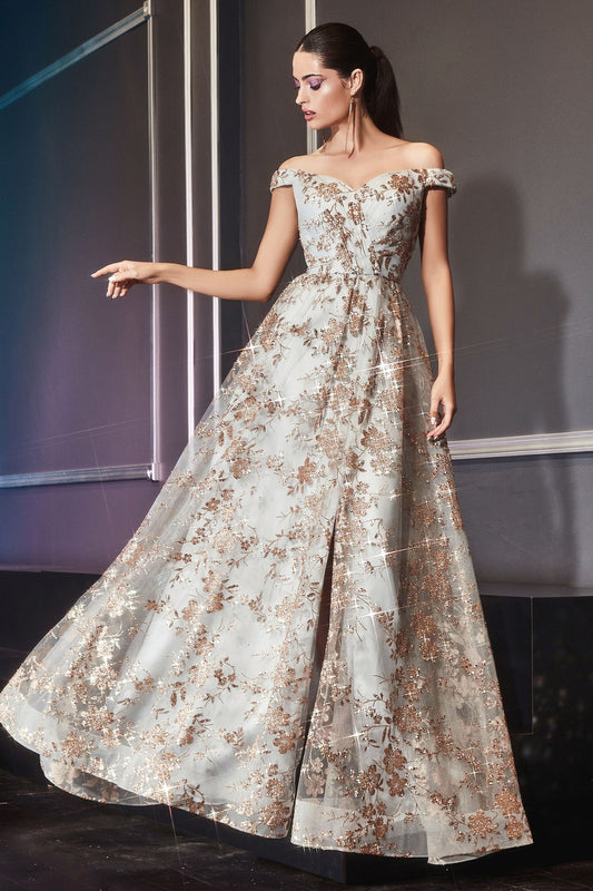 Gold mist glitter floral ball gown, off the shoulder, with a leg slit.