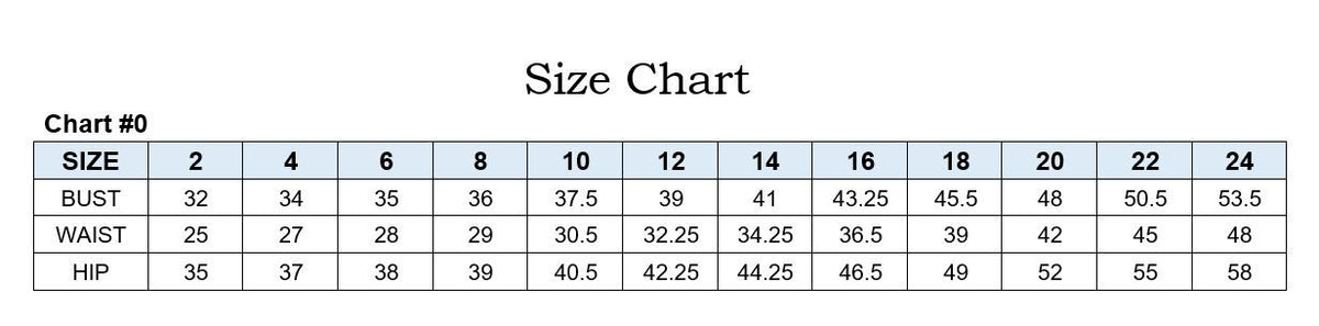 Size chart image supplied by the maker for this gown.