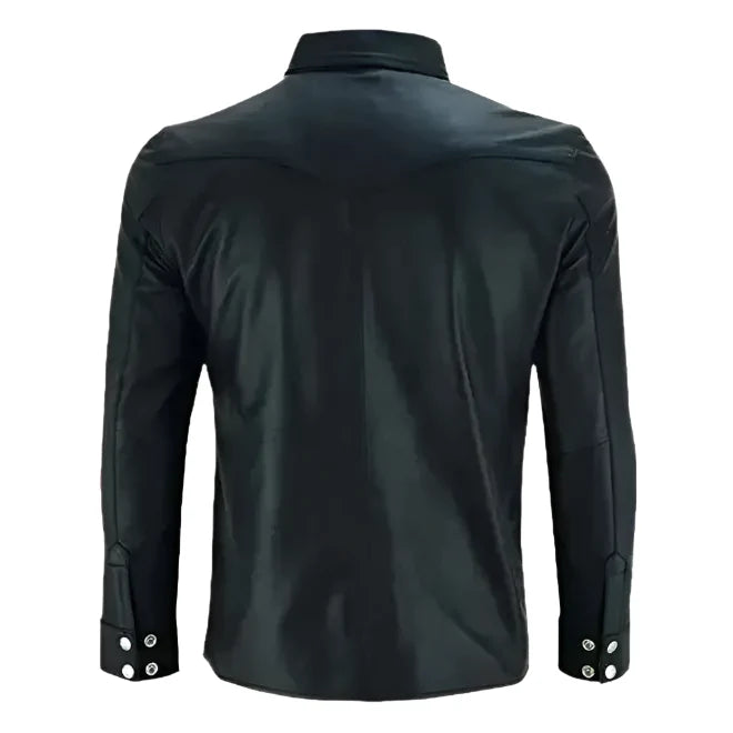 Mens Black Leather Collared Shirt-1