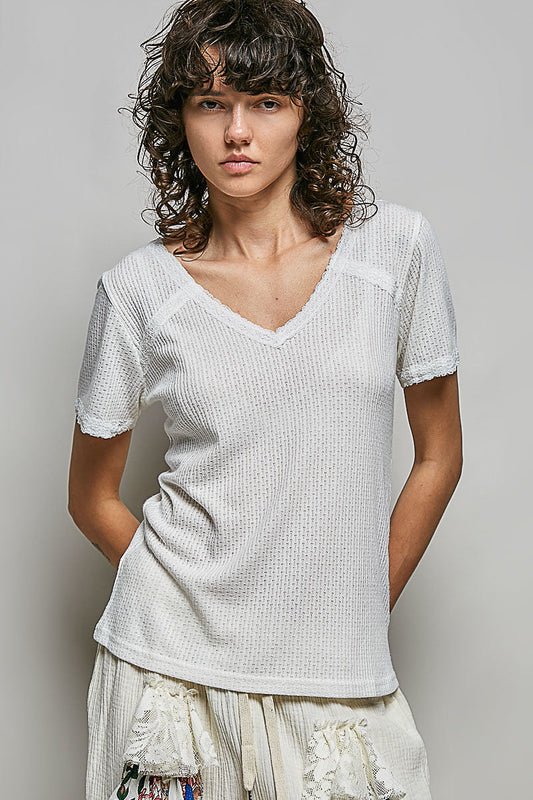 POL Lace Detail V-Neck Short Sleeve Textured T-Shirt-1