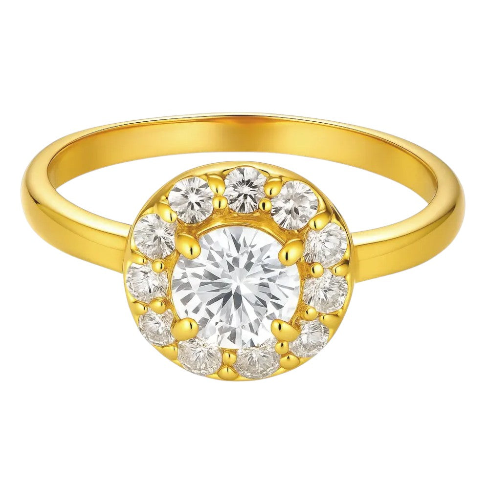 Round white zircon ringed by clear CZ on a slim 18K gold plated band