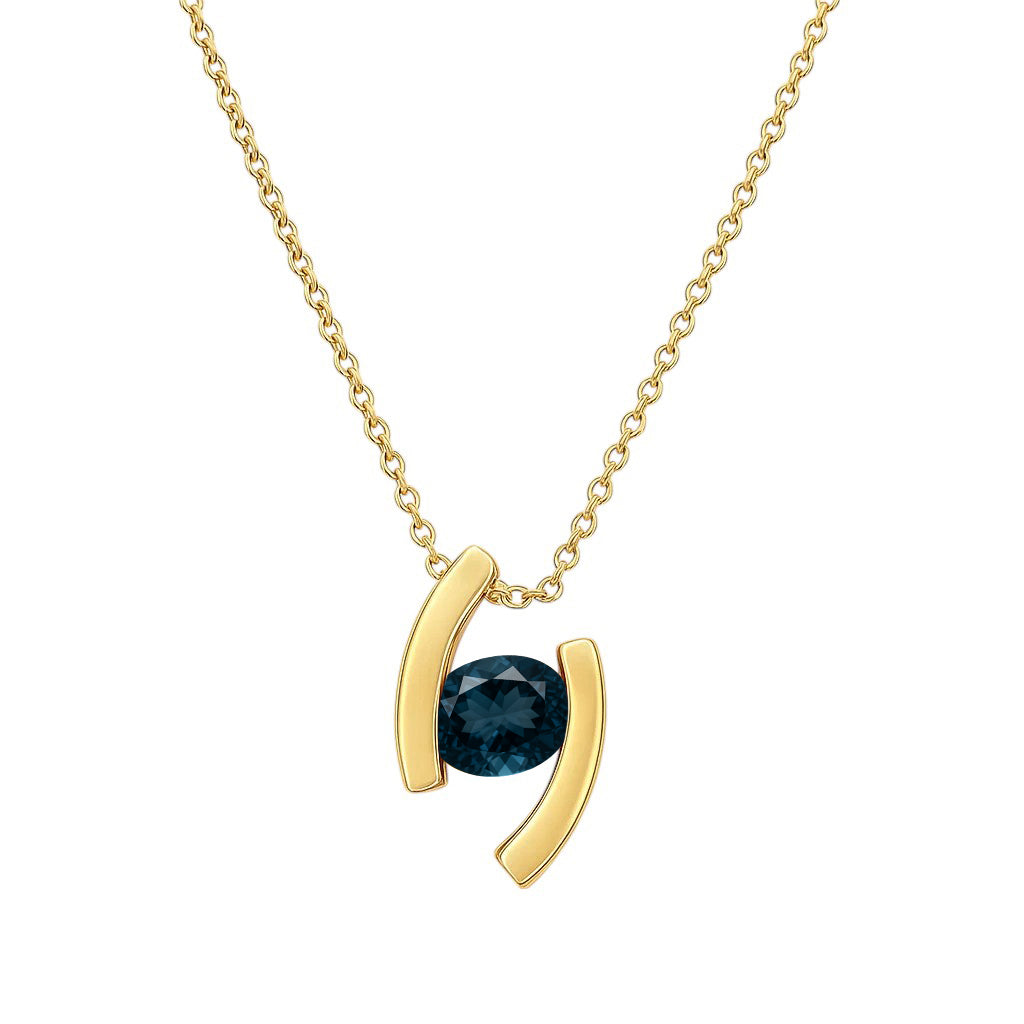 London blue topaz version on white, an oval deep blue stone between two curved bars