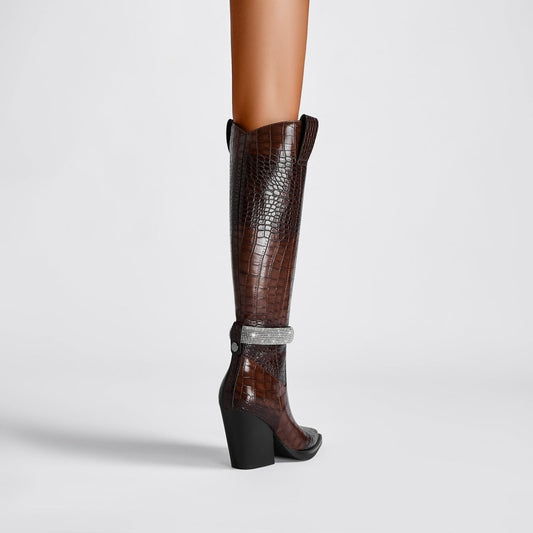 Diamond Encrusted Band Leather Knee High Boots-1