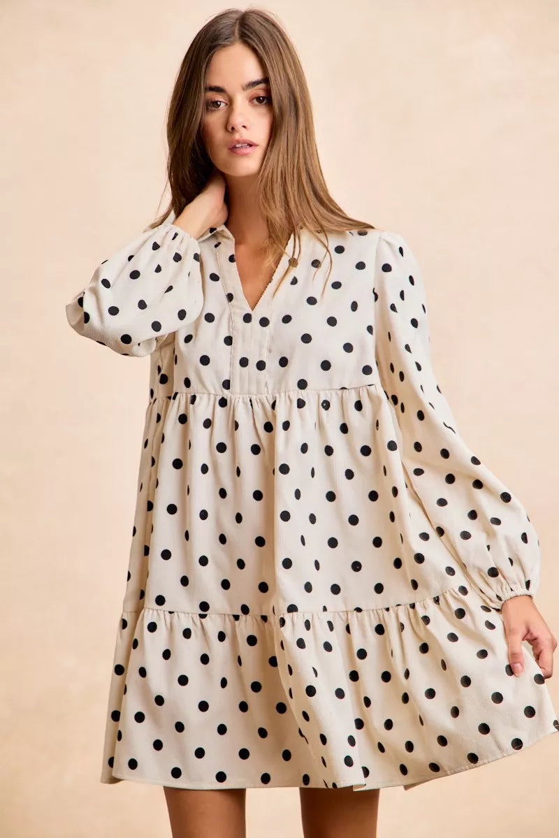 BiBi Polka Dot Corduroy Collared V Neck Dress-4
